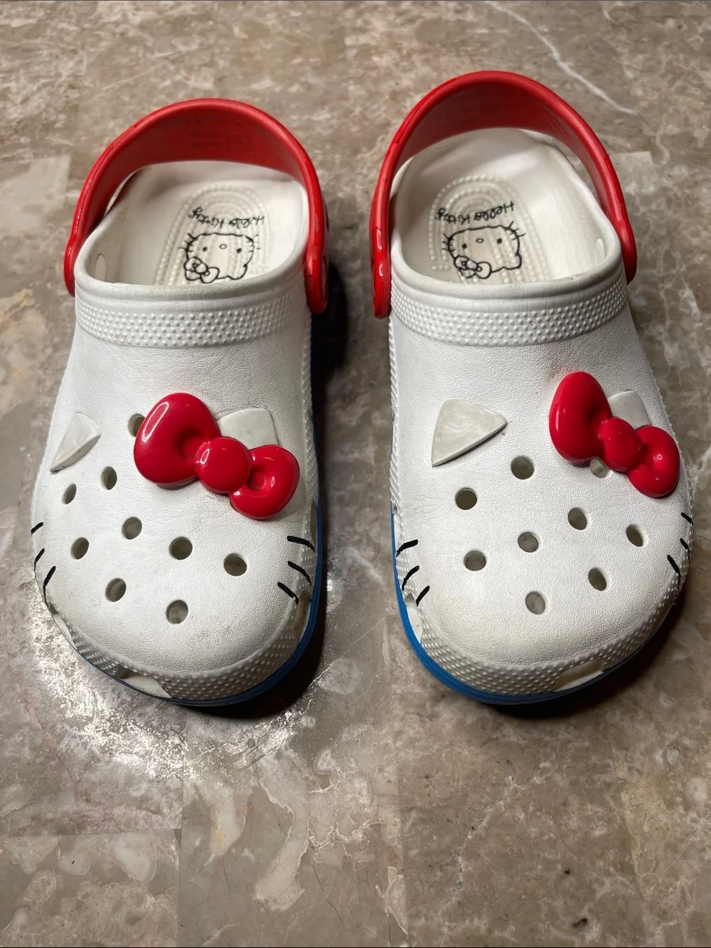 CROCS Kids White Clogs with Red Accents and Blue Midsoles